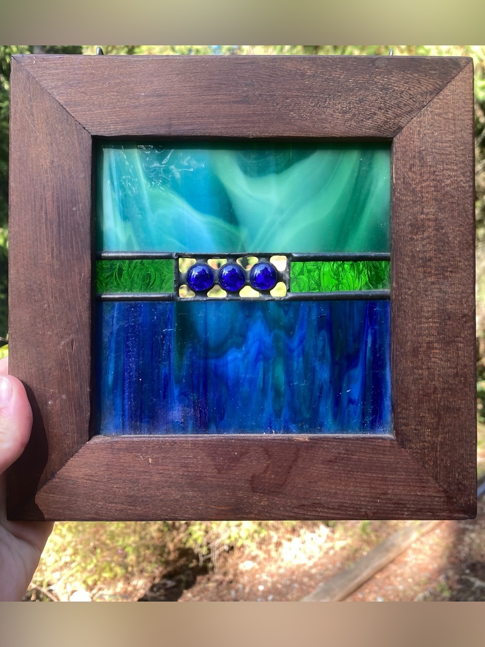 Hand Crafted Green, Blue & Gold Stained Glass Panel